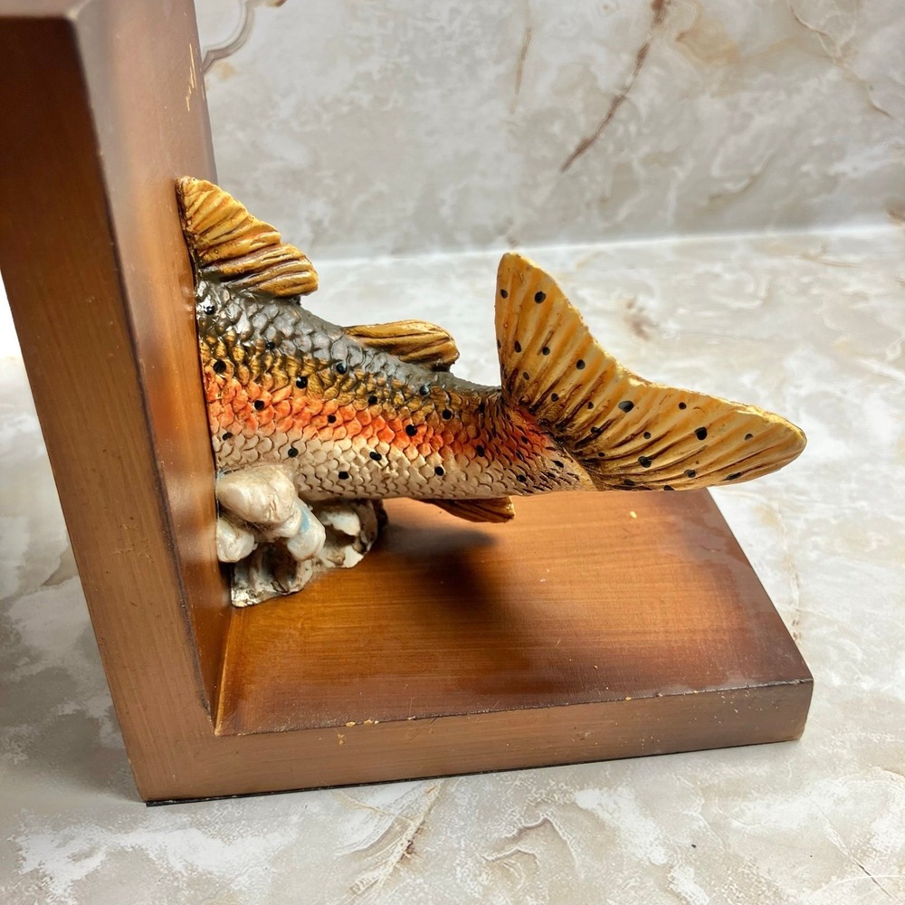 VTG Sterling Rainbow Trout Freshwater Fish Bookends Resin & Wood Rustic - Picture 9 of 12